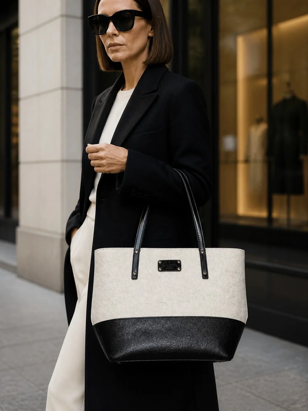 Kate Spade Frosted Felt Small Harmony Tote & Wristlet Set Oatmeal / Black NWOT